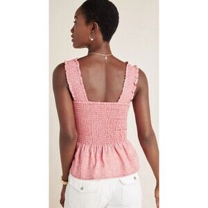 Anthropologie Maeve Schuyler Smocked Peplum Linen Bland Blouse XS Heather Red